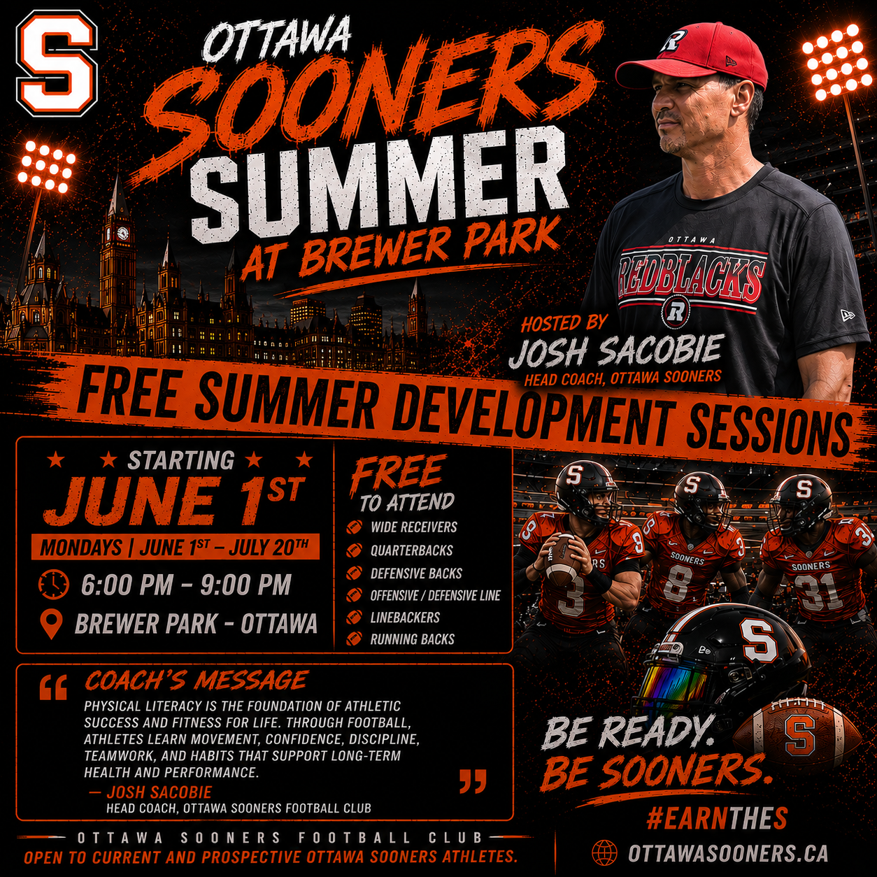 Ottawa Sooners Summer 2025 flyer — free Monday night football development sessions at Brewer Park hosted by Coach Josh Sacobie